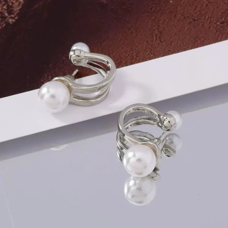 Stainless steel White pearl Sliver twisted Pin Earrings - Each Pair