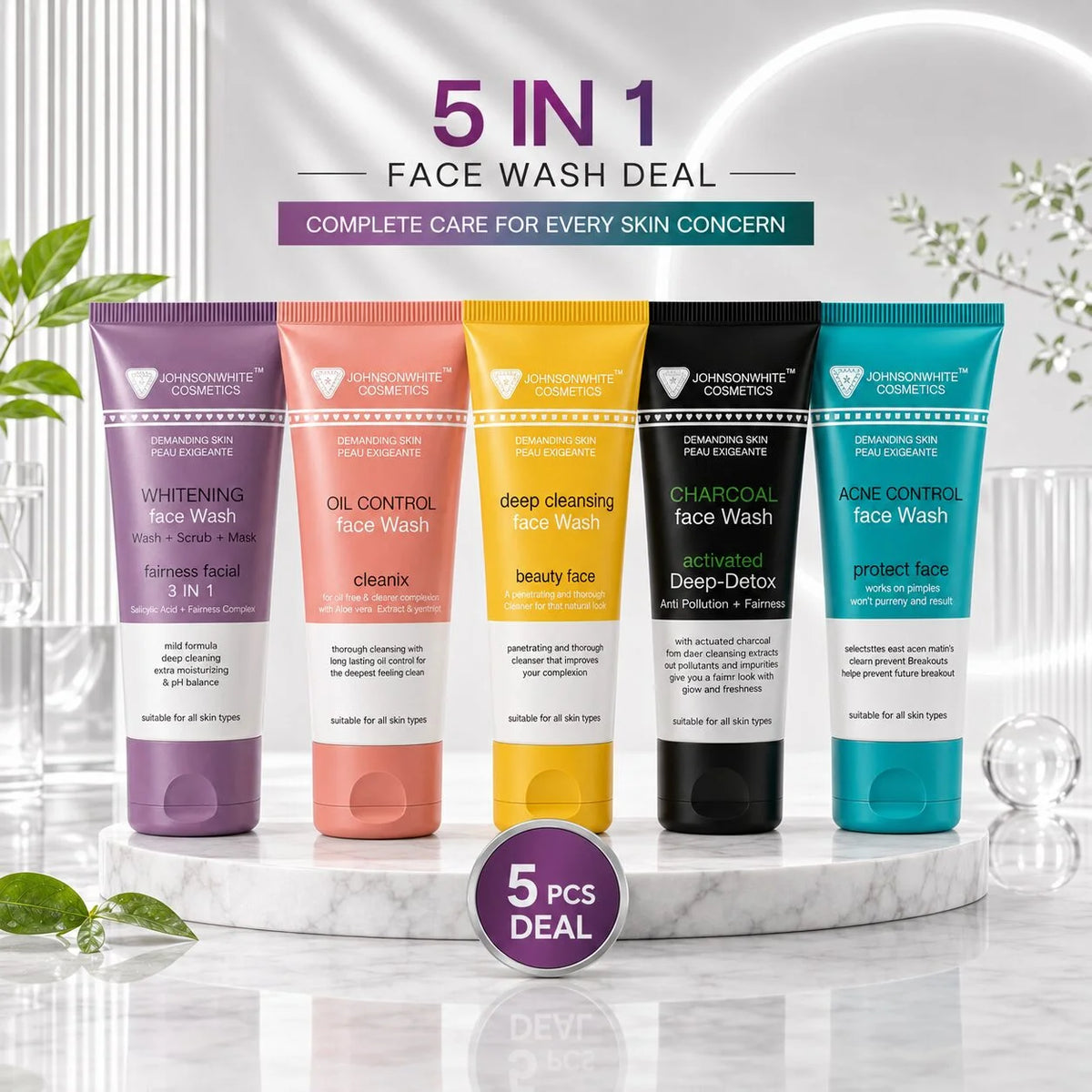Johnson White Cosmetics Face Washes Deal - 100ml Each - Pack of 5