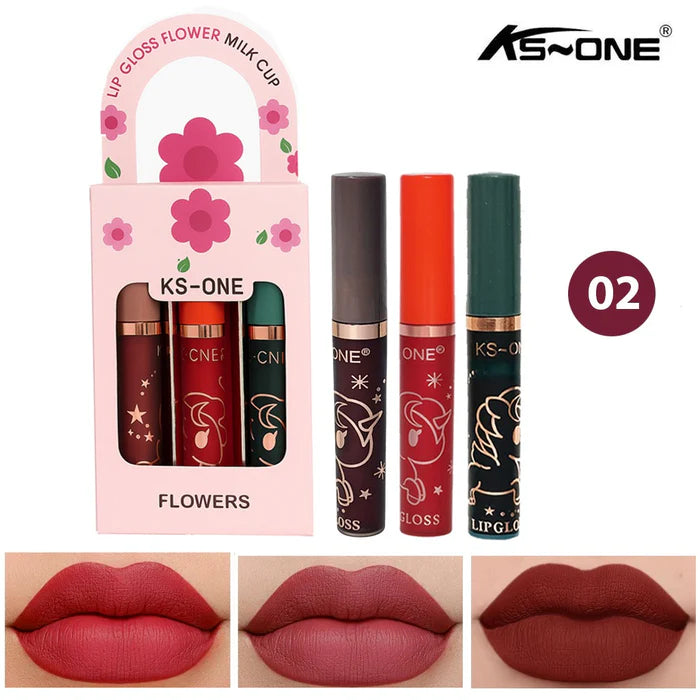 KS-ONE 3 Pcs Lip Gloss Flower Milk Cup Set