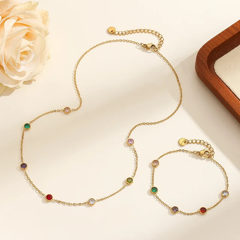 Stainless Steel  Multicolor Glass Bead Necklace and Bracelet - 2 Pcs Set