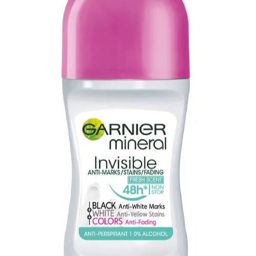 Garnier Mineral Ladies Roll On Invisible Black, White and Colours New Fresh Scent - 50ml