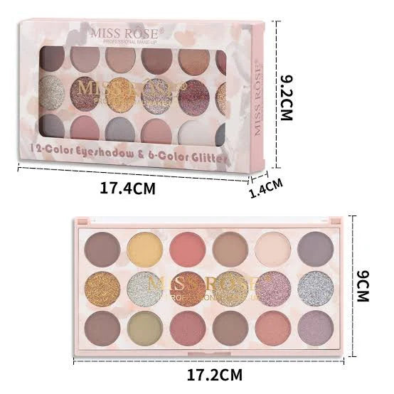 Miss Rose 12 Color Eyeshadow & 6 Color Glitter Palette