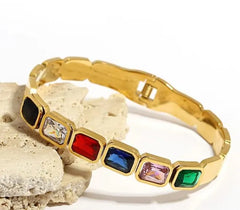 Multi Colored Rectangular Gemstone Accents Gold Tone Bangle Bracelet