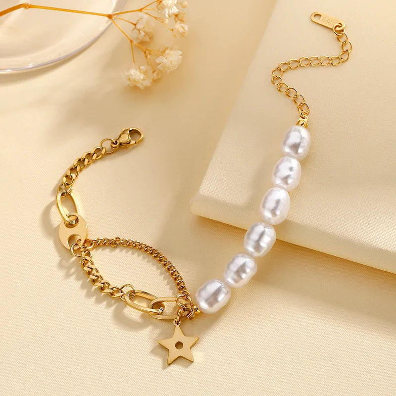 Stainless Steel Modern Celestial Bracelet - Gold and Pearl Chain - Each