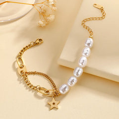 Stainless Steel Modern Celestial Bracelet - Gold and Pearl Chain - Each