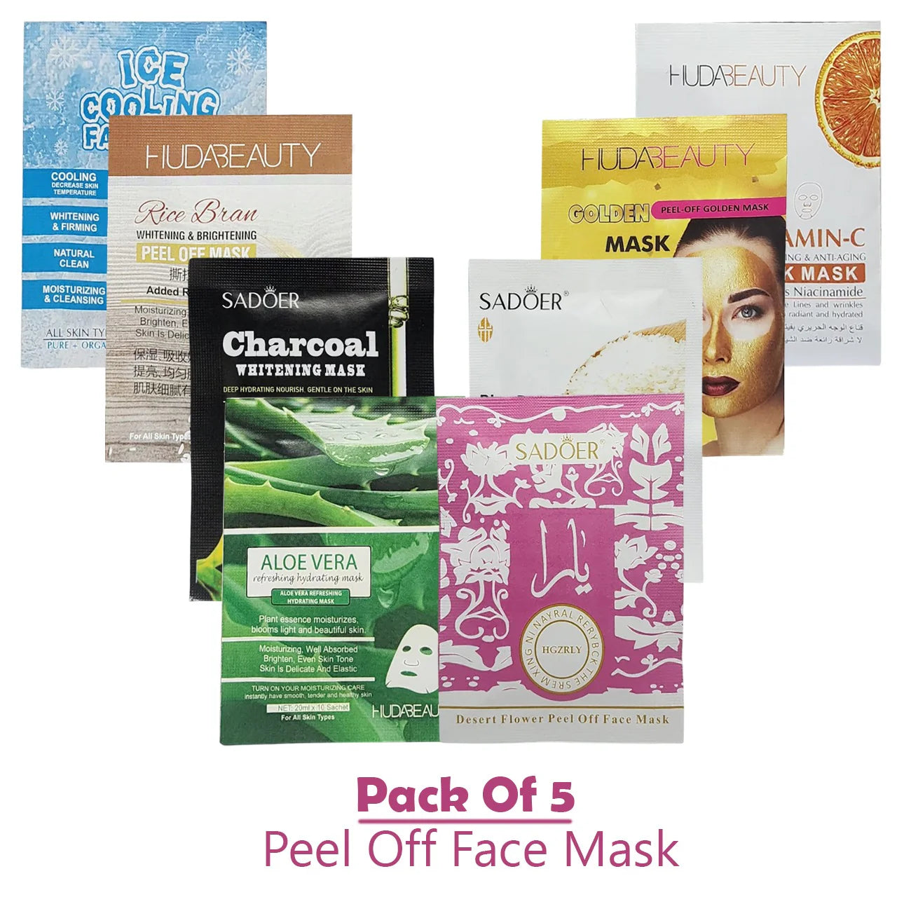Pack of 5 Random Peel-Off Face Masks – Deep Cleansing & Glow Boosting Set