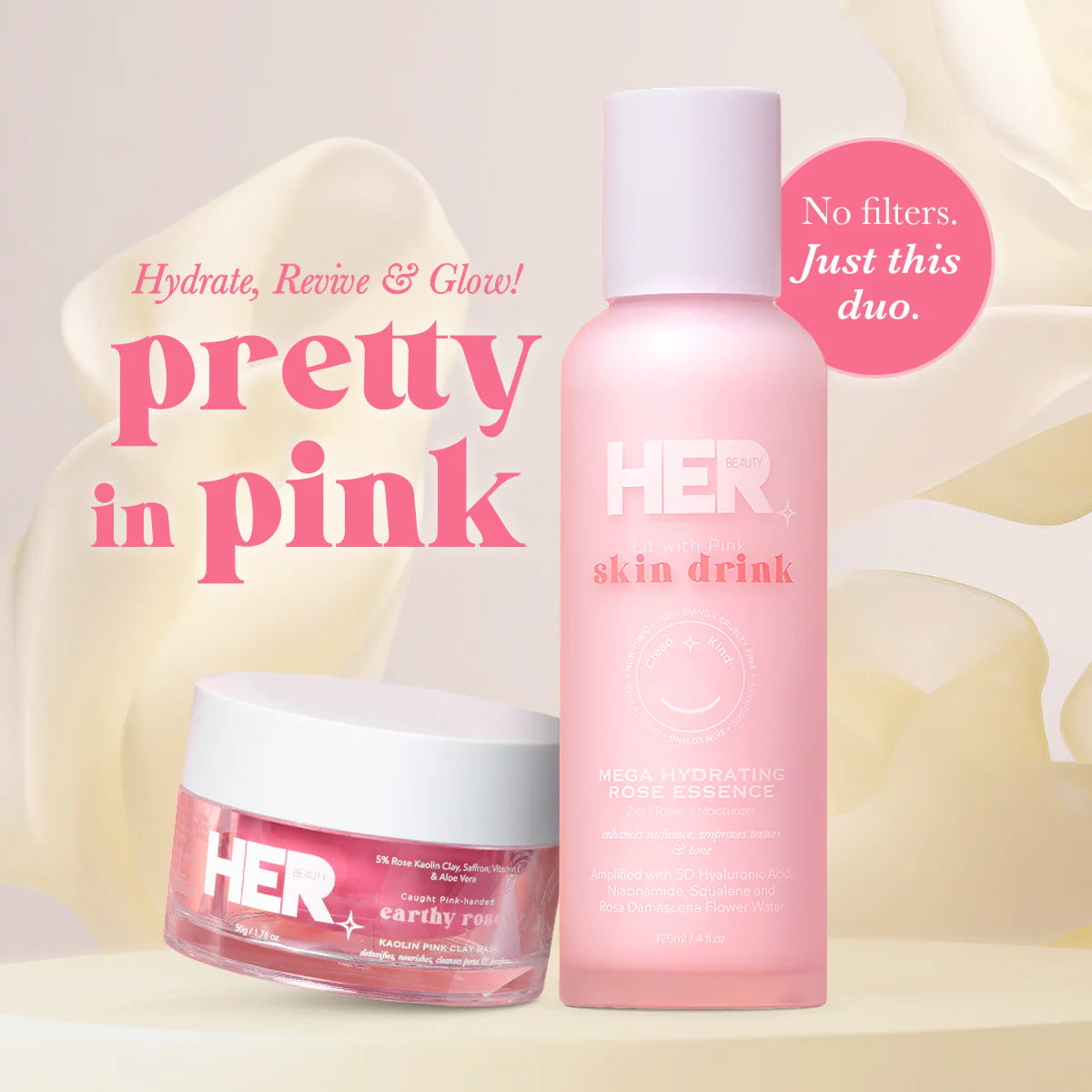 HER Beauty Pretty in Pink Glow Starts Here: Hydrate, Revive, Repeat.