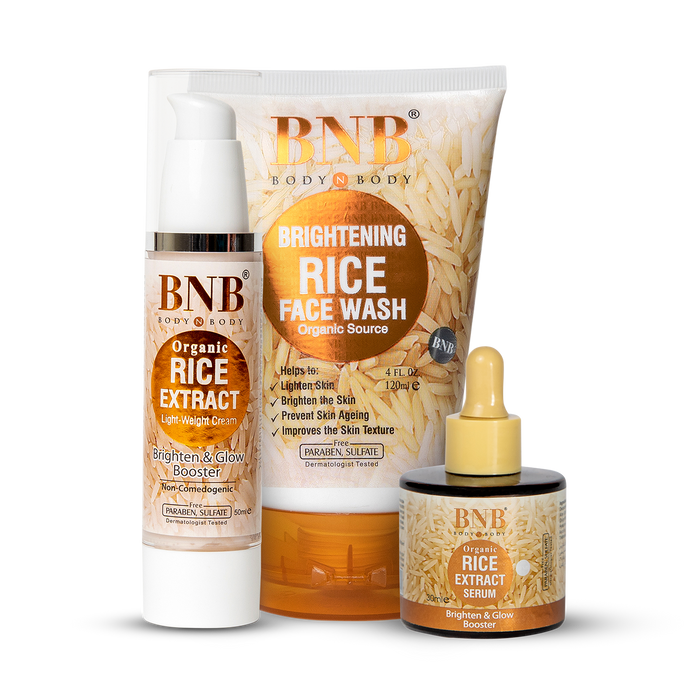 BNB Rice Glow Day Care Essentials (Rice Extract Facewash - 120ml + Rice Extract Cream - 50ml + Rice Extract Serum 30ml)