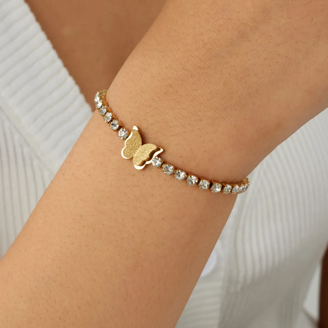Stainless Steel Cubic Zirconia Gold Tennis Chain Butterfly Charm - Each