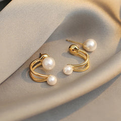 Elegant Double Loop Pearl Stud Earrings for Women - Each Pair