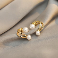 Elegant Double Loop Pearl Stud Earrings for Women - Each Pair