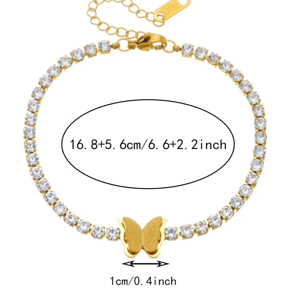 Stainless Steel Cubic Zirconia Gold Tennis Chain Butterfly Charm - Each