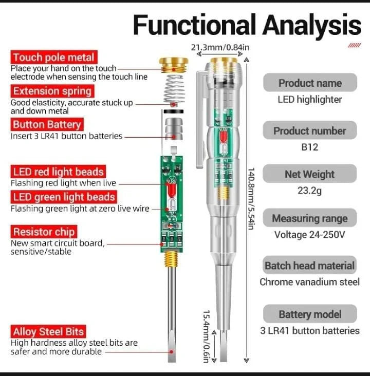 Intelligent Voltage Tester Pen AC/DC 24-250V Indicator - Each