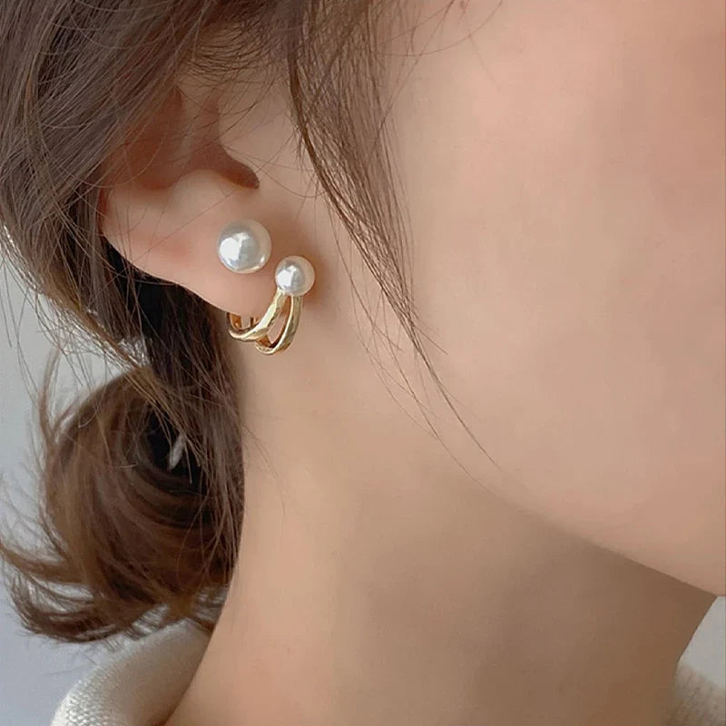 Elegant Double Loop Pearl Stud Earrings for Women - Each Pair