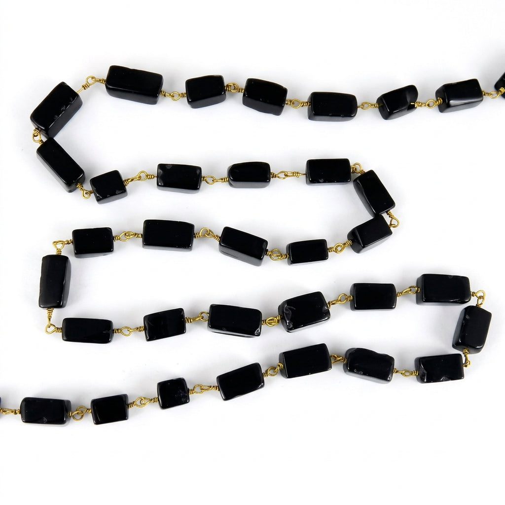 Black Onyx Smooth Square Rosary Beaded Chain Permanent Bracelet