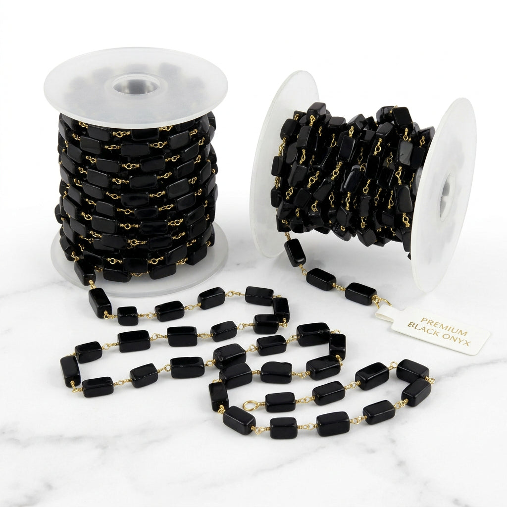 Black Onyx Smooth Square Rosary Beaded Chain Permanent Bracelet