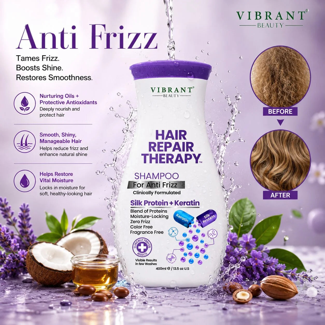 Vibrant Beauty Hair Repair Therapy Shampoo For Anti-Frizz Silk Protein + Keratin - 400ml