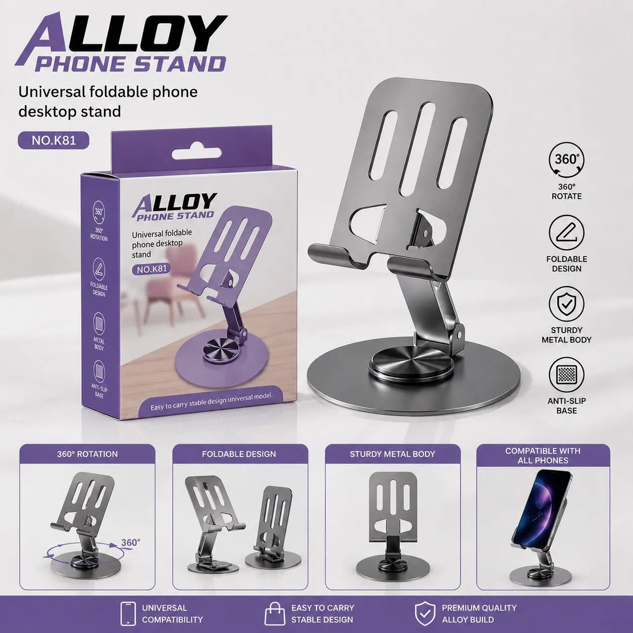 K81 Alloy Universal Foldable Phone Stand with 360° Rotating Base