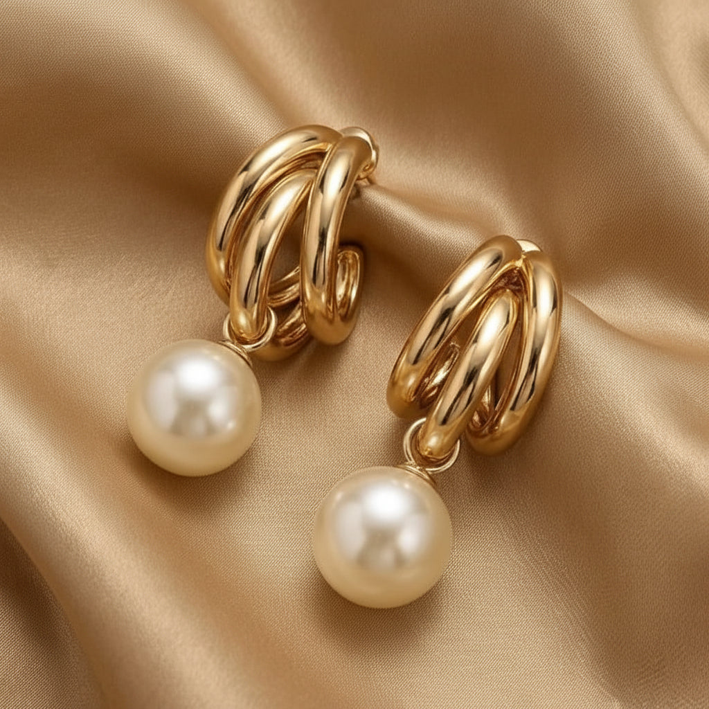 Triple Hoop Pearl Drop Earrings – Elegant Statement Earrings - Each