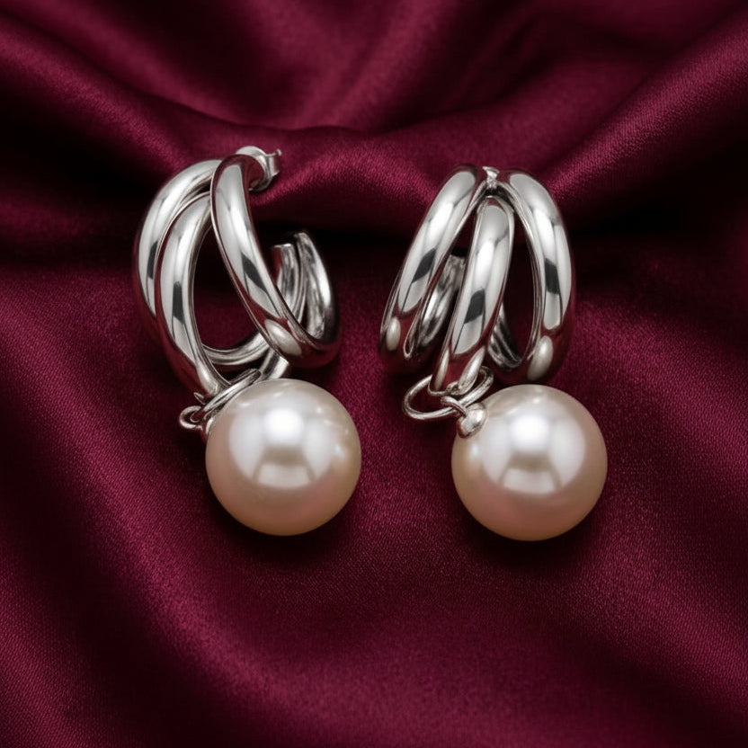Triple Hoop Pearl Drop Earrings – Elegant Statement Earrings - Each