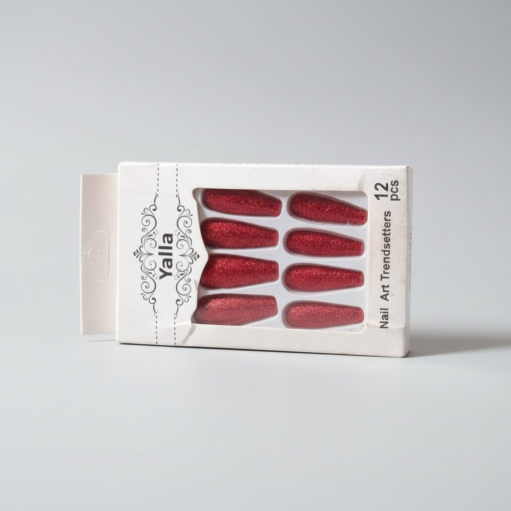 Yalla Black Glitter Coffin Press-On Nails - 12Pcs Each