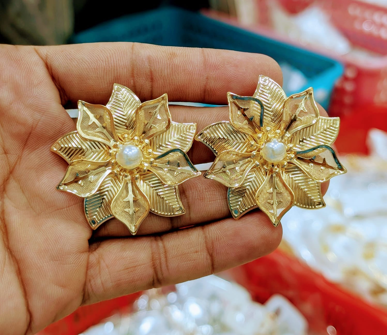 Golden Floral Pearl Stud Earrings
