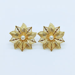Golden Floral Pearl Stud Earrings