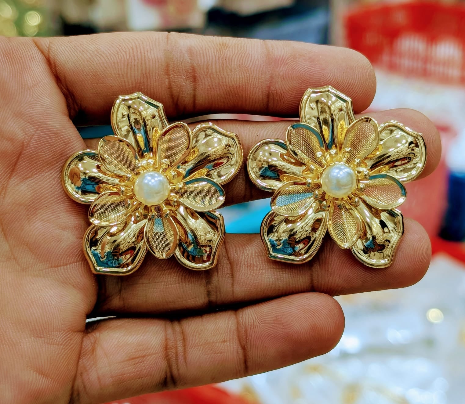 Golden Floral Pearl Stud Earrings