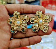 Golden Floral Pearl Stud Earrings