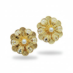 Golden Floral Pearl Stud Earrings