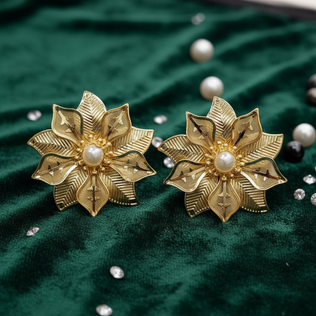 Golden Floral Pearl Stud Earrings