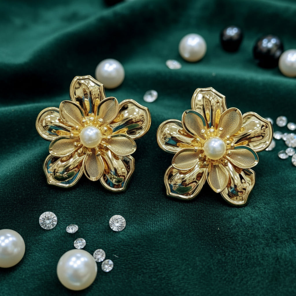 Golden Floral Pearl Stud Earrings