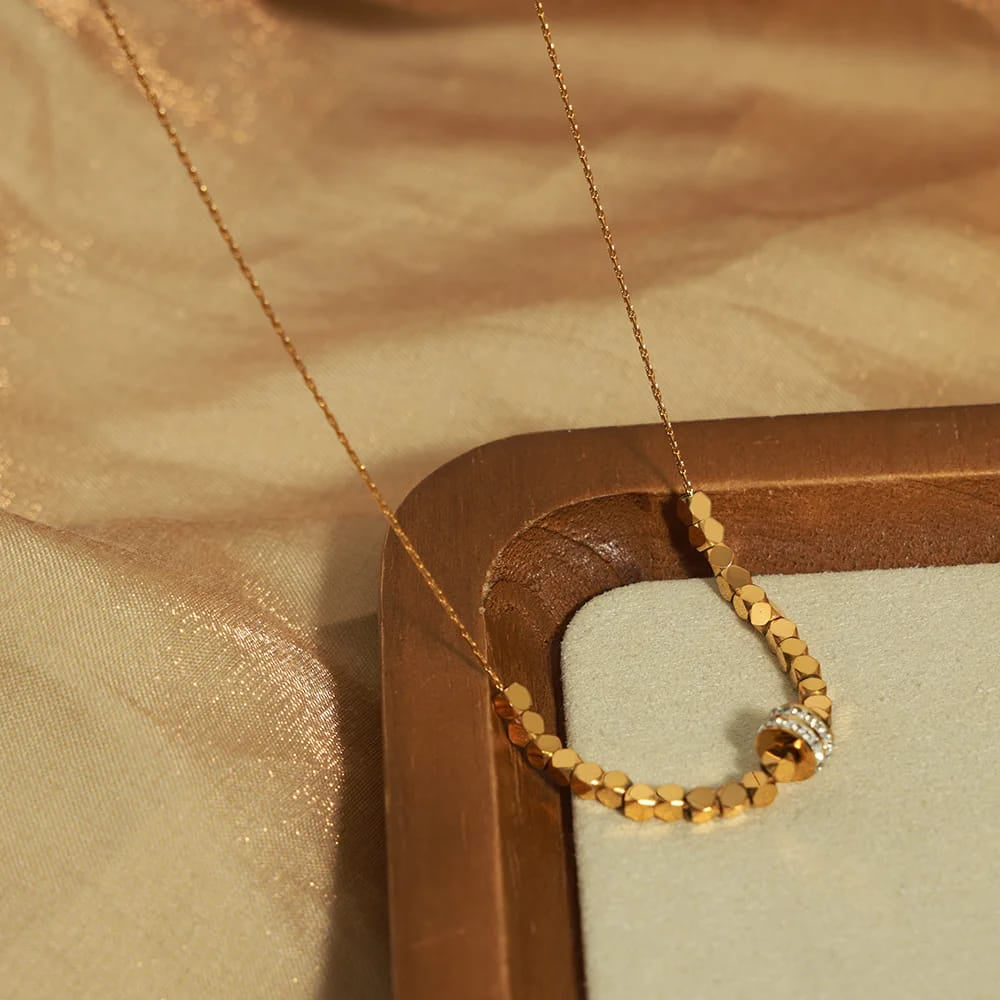 Gold Beaded Crystal Pendant Necklace