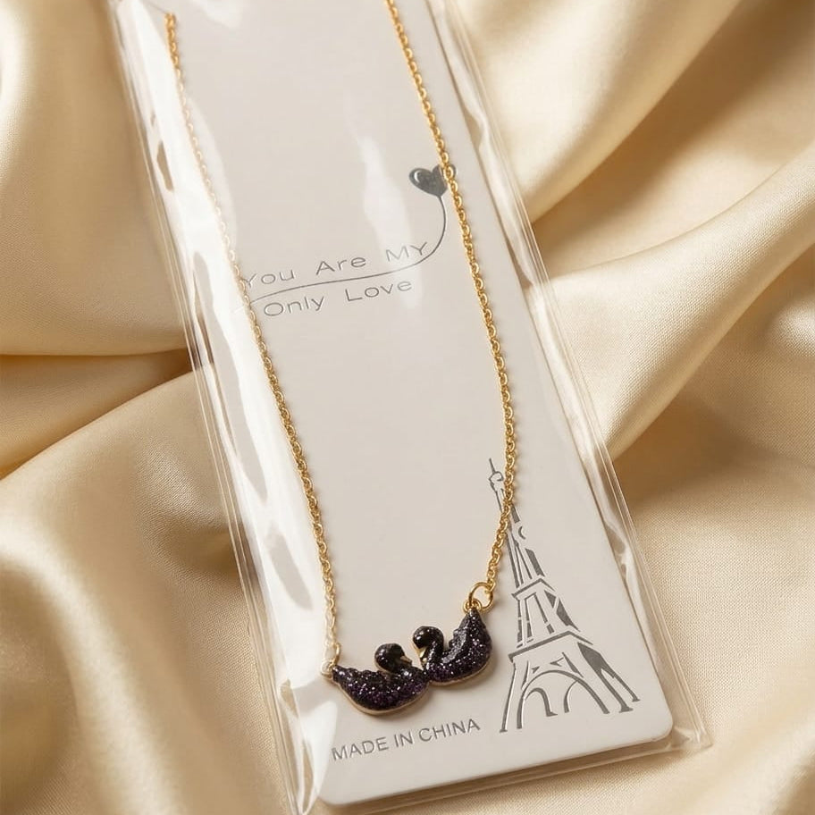 Black Crystal Double Swan Pendant Necklace