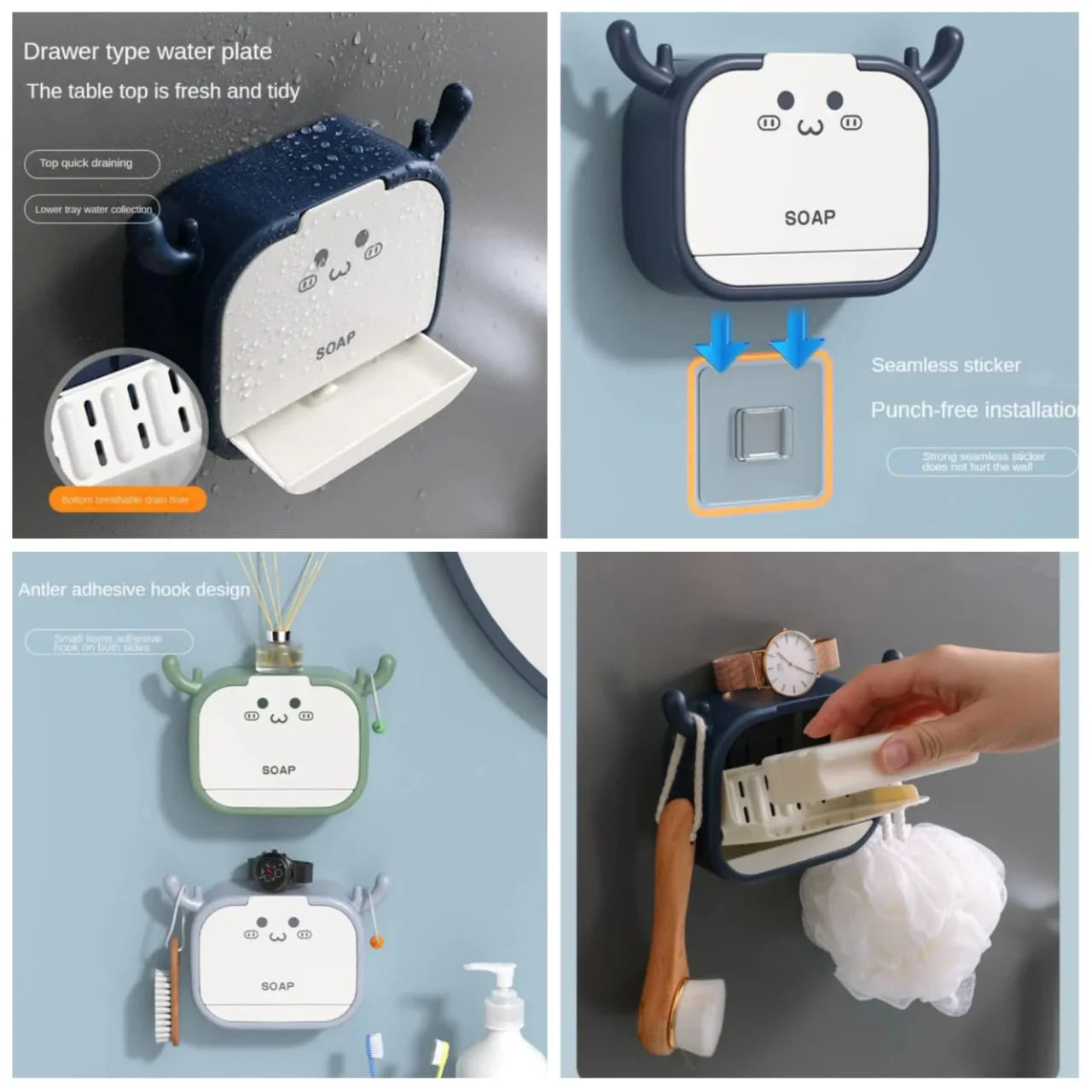 Cartoon Wall Mounted Soap Holder with Drain Drawer
