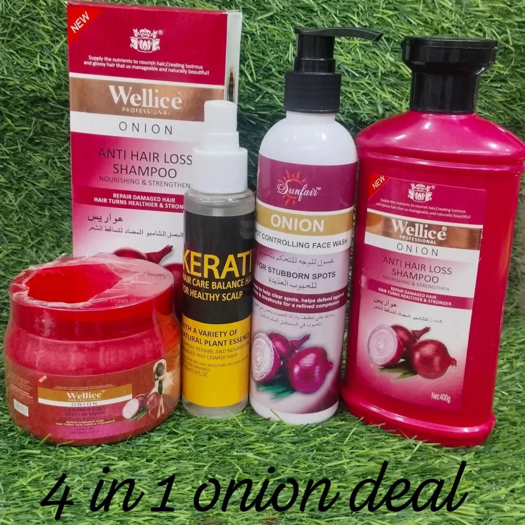 Onion 4-in-1 Hair and Skin Care Deal – Shampoo, Hair Mask, Face Wash, & Keratin Serum