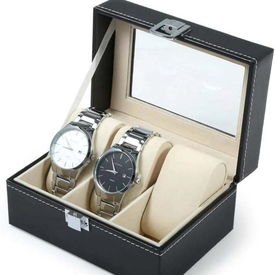 3 Slots Leather Box Watch Holder – Compact & Elegant Storage