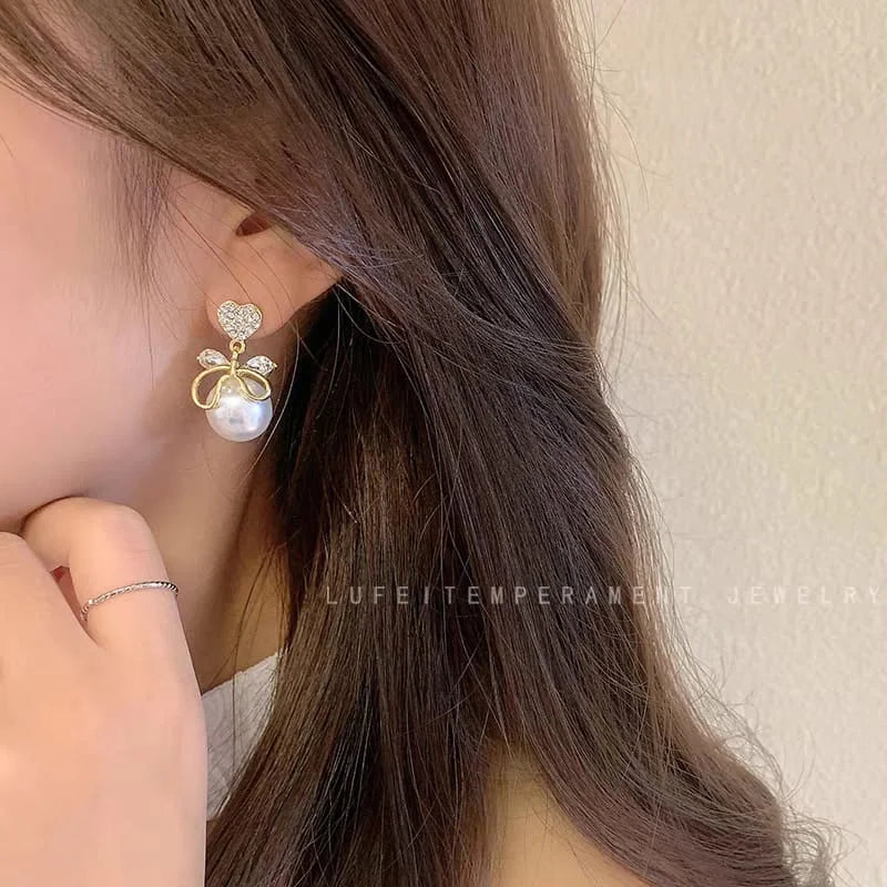 Heart Rhinestone Faux Pearl Drop Earrings - Each