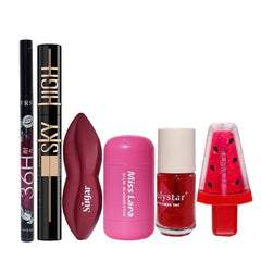 Makeup Essentials Combo Pack – Eyeliner + Sky High Mascara + Sugar Matte Lipstick + Miss Lara Blusher Stick + Julystar Lip & Cheek Tint + Huda Mini Gloss