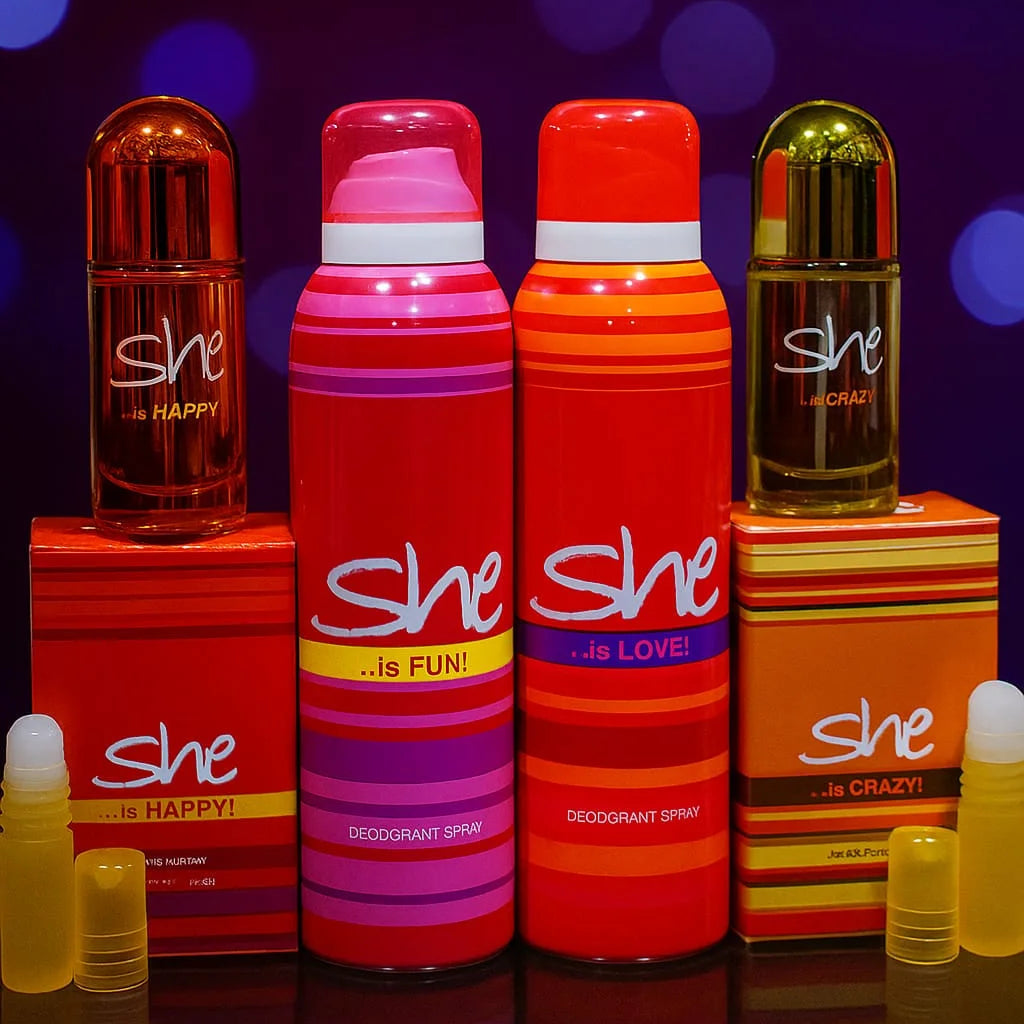 Original SHE Perfume & Body Spray + Non-Alcoholic Attar – Deal of 6 Pcs