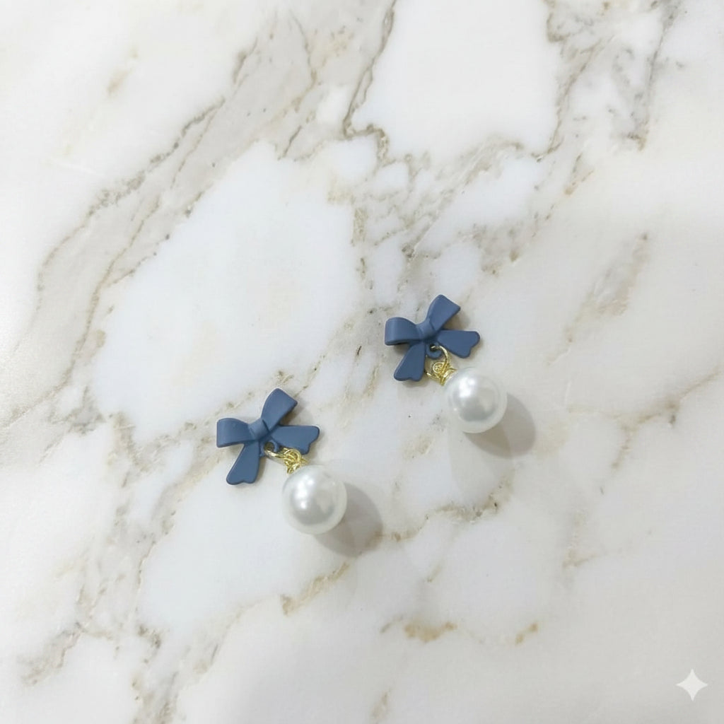 Navy Bow Pearl Drop Earrings - Each