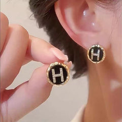 Korean Letter H Rhinestone Stud Earrings - Each