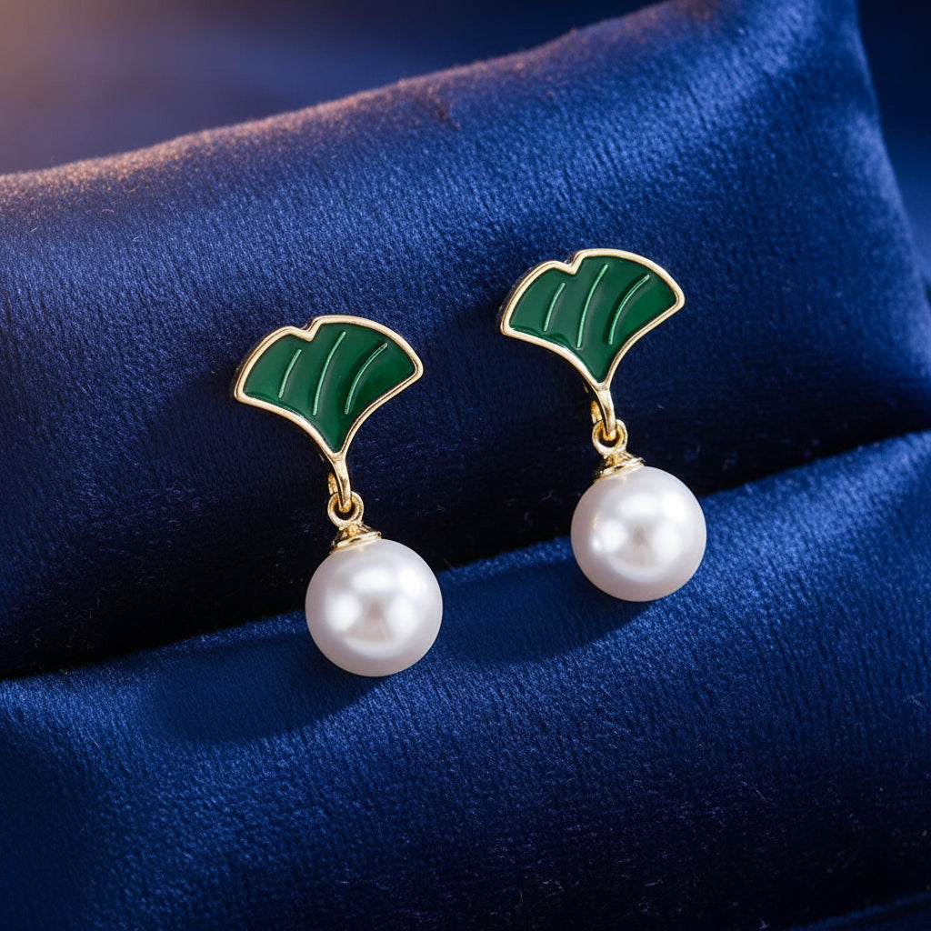 Ginkgo Leaf Pearl Stud Earrings - Each