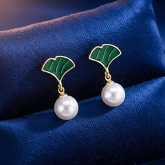 Ginkgo Leaf Pearl Stud Earrings - Each
