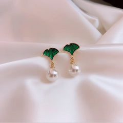 Ginkgo Leaf Pearl Stud Earrings - Each