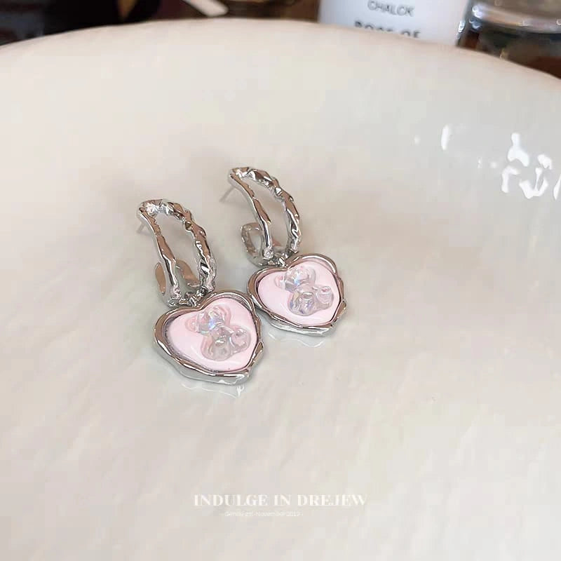 Pink Bear Heart Silver Needle Earrings - Each