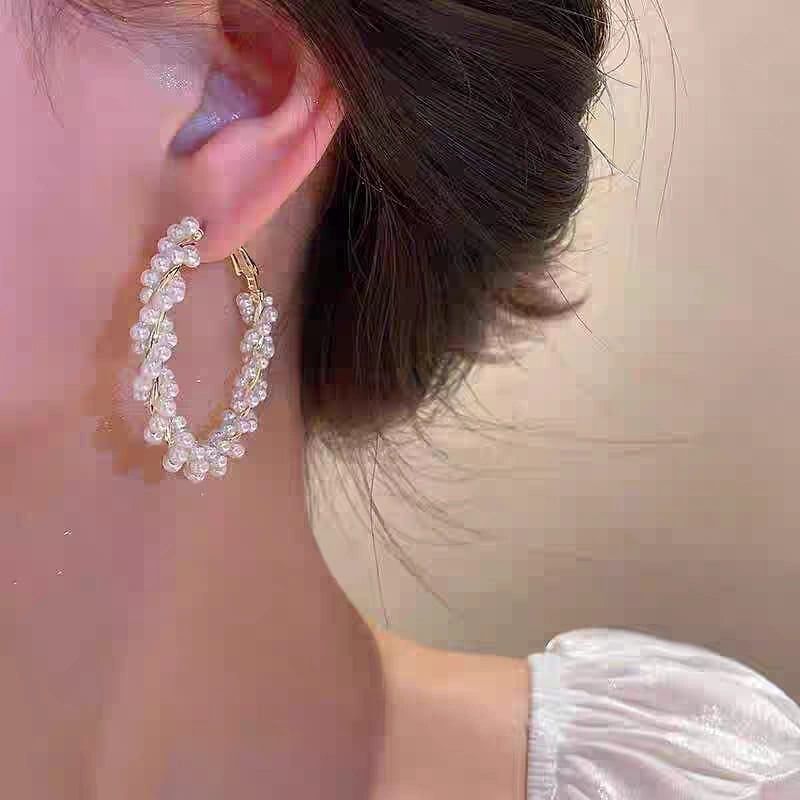 French Twisted Imitation Pearl Hoop Earrings - Each