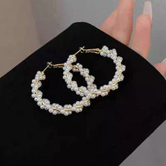 French Twisted Imitation Pearl Hoop Earrings - Each