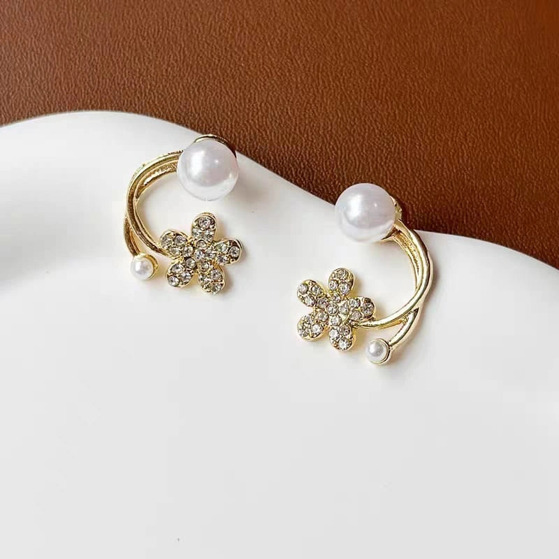 Gold Floral Pearl Crystal Stud Earrings - Each