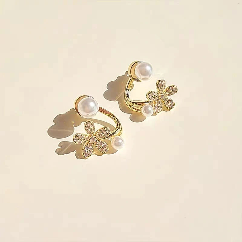 Gold Floral Pearl Crystal Stud Earrings - Each